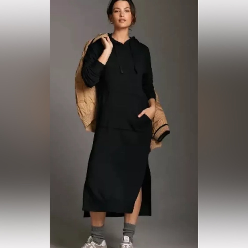Anthropologie Stateside Fleece Hoodie Dress Soft Stretchy Pouch Pocket Black